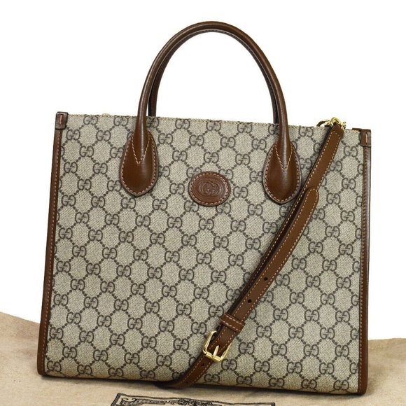 Auth GUCCI GG Pattern 2Way Shoulder Hand Tote Bag Supreme Leather Brown Gold - Picture 1 of 16
